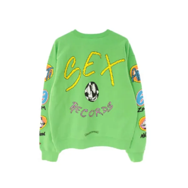 Introducing the Chrome Hearts Matty Boy Sex Records Crewneck Sweatshirt in a vibrant citrus hue, a bold expression of urban style and individuality.