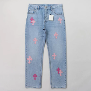 Chrome Style Thick Pink Leather Crosses Jeans