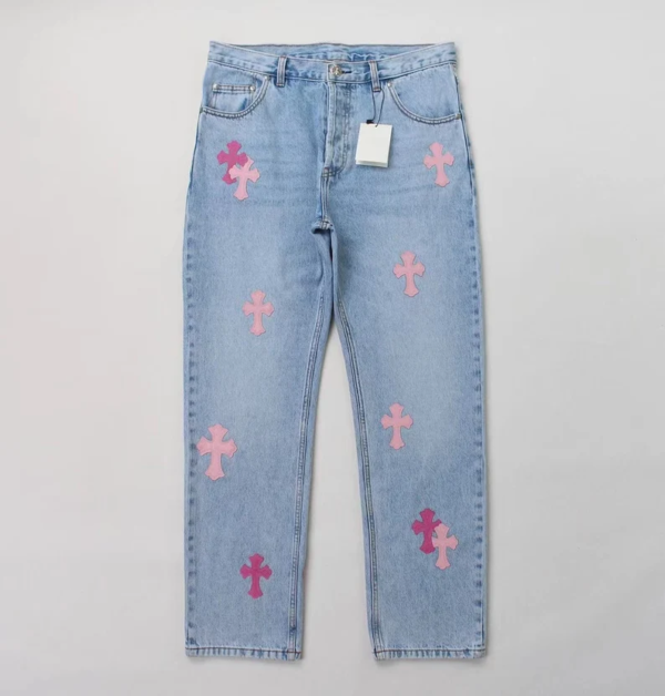 Chrome Style Thick Pink Leather Crosses Jeans