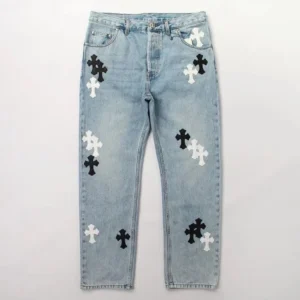 Chrome Style Thick Black White Leather Crosses Jeans