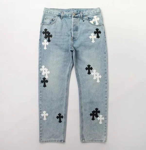 Chrome Style Thick Black White Leather Crosses Jeans